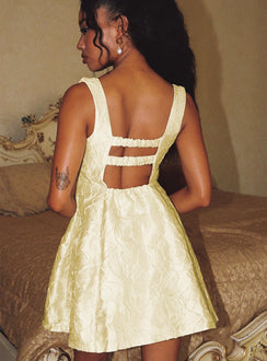 back view of model wearing Princess Polly Eloquent Mini Dress Light Yellow Square Neck 