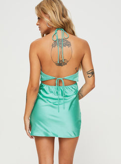 back view of model wearing Princess Polly Maris Mini Dress Turquoise Plunger 