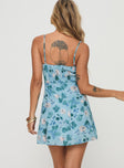 back view of model wearing Princess Polly Mercure Mini Dress Blue Floral Square Neck 