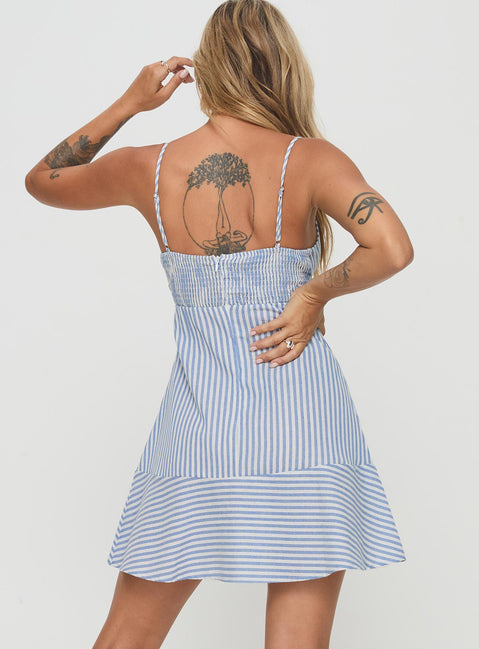 back view of model wearing Princess Polly Kearns Mini Dress Blue Stripe Scoop Neck 