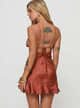 back view of model wearing Princess Polly Alexo Mini Dress Rust Plunger 