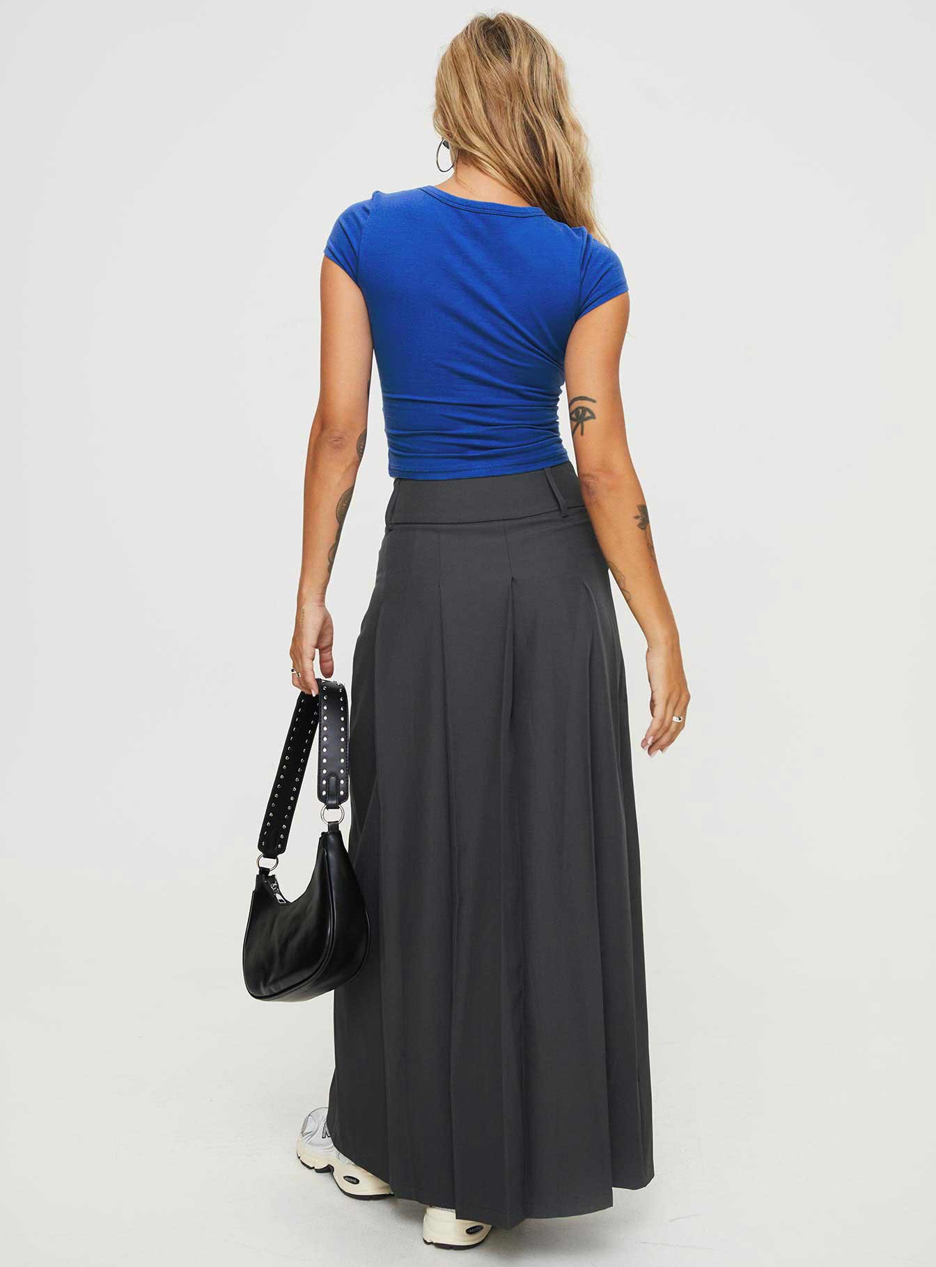 back view of model wearing Princess Polly Boss Girl Maxi Skirt Slate Maxi 