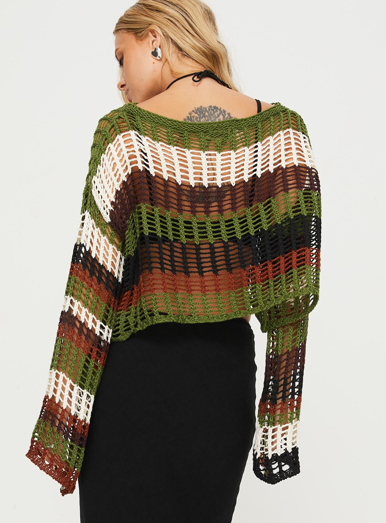 back view of model wearing Princess Polly Baizen Knit Sweater Sage Multi Cropped 