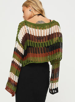back view of model wearing Princess Polly Baizen Knit Sweater Sage Multi Cropped 