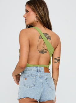 back view of model wearing Princess Polly Ferrera One Shoulder Bodysuit Green Sleeveless 