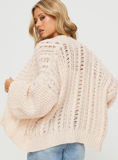 back view of model wearing Princess Polly Abner Cable Cardigan Beige Long 