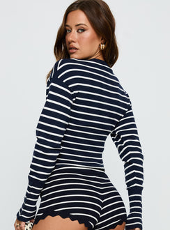 back view of model wearing Princess Polly Head In The Clouds Cardigan Navy Stripe Cropped 
