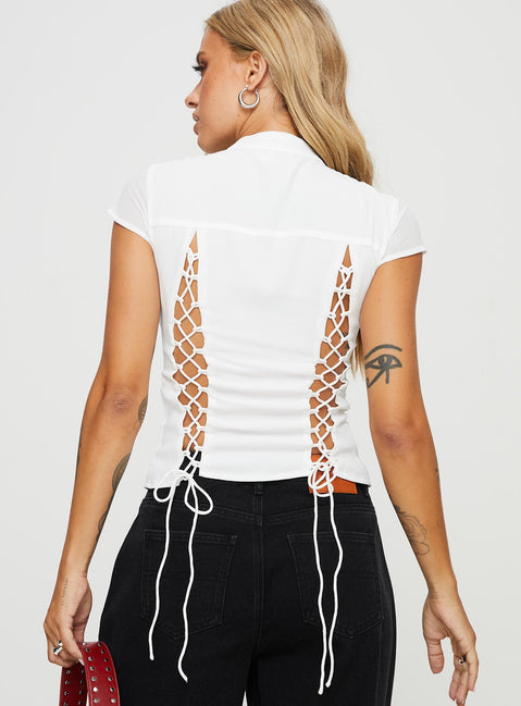 back view of model wearing Princess Polly Valkyrie Top White Short Sleeves High Neck 