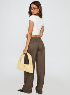 back view of model wearing Princess Polly Broadcast Pants Beige Pinstripe Low Rise Pants 