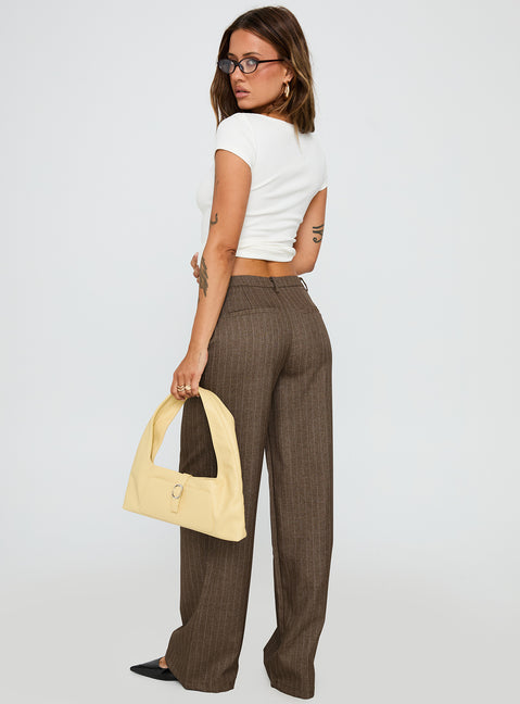 back view of model wearing Princess Polly Broadcast Pants Beige Pinstripe Low Rise Pants 