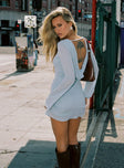 back view of model wearing Princess Polly Visualize Long Sleeve Mini Dress Light Blue High Neck 