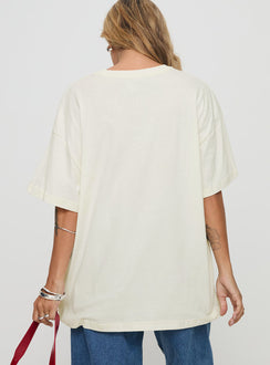 back view of model wearing Princess Polly Brklyn Running Oversized Tee White Half Sleeves Crew Neck 