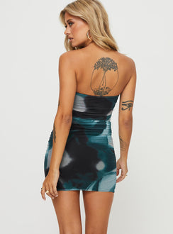 back view of model wearing Princess Polly Micah Mini Dress Navy Multi Petite Straight Neck 