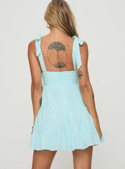 back view of model wearing Princess Polly Galvis Mini Dress Blue Plunger 