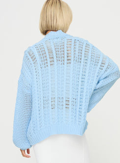 back view of model wearing Princess Polly Abner Cable Cardigan Blue regular 