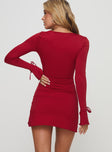 back view of model wearing Princess Polly Dalzine Long Sleeve Mini Dress Red Sweetheart Neckline 