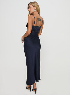 back view of model wearing Princess Polly Leroux Maxi Dress Navy Sweetheart Neckline 
