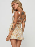 Floral mini dress Gathered detail at bust, lace up back with tie fastening, ruffle detail on straps, adjustable shoulder straps, invisible zip fastening at side Non-stretch, fully lined