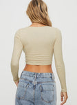 back view of model wearing Princess Polly Carlen Twist Long Sleeve Top Beige Full Sleeves Plunger 