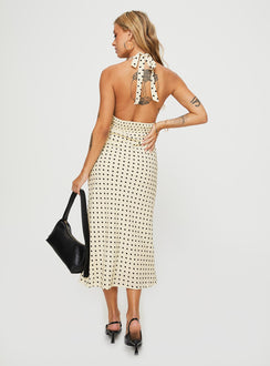back view of model wearing Princess Polly Kimbelle Halter Maxi Dress Cream / Polka Dot Plunger 