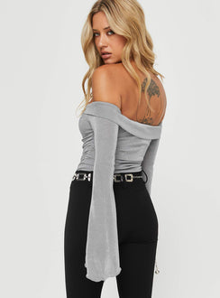 back view of model wearing Princess Polly Tullo Off The Shoulder Bodysuit Grey Full Sleeves 