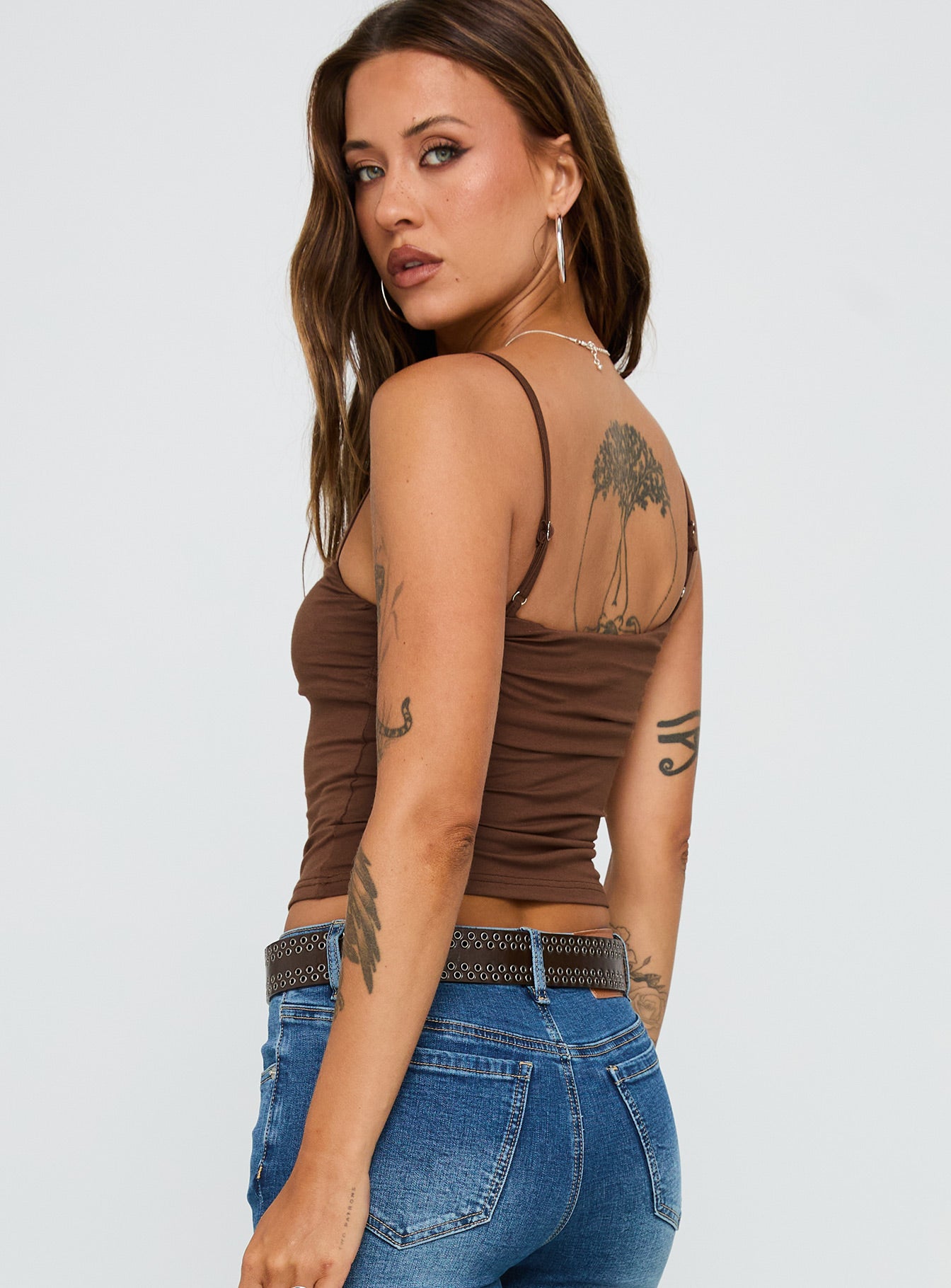 back view of model wearing Princess Polly Race My Mind Top Chocolate Sleeveless Square Neck 