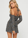 back view of model wearing Princess Polly Acer Long Sleeve Mini Dress Black / Floral Square Neck 