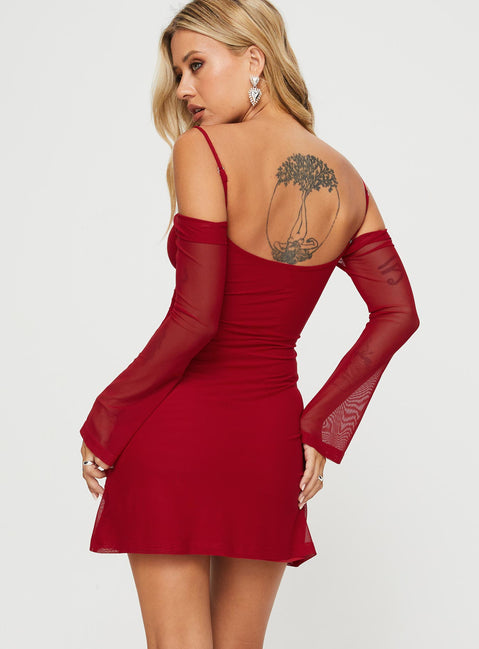 back view of model wearing Princess Polly Edmone Long Sleeve Mini Dress Red Scoop Neck 