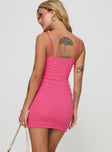 back view of model wearing Princess Polly Irulan Mini Dress Pink Plunger 