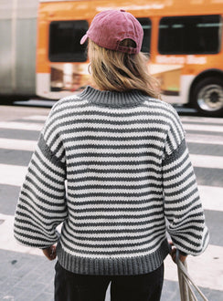 back view of model wearing Princess Polly Soloman Sweater Grey Stripe Long 