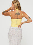 back view of model wearing Princess Polly Luvan Lace Corset Top Yellow Sleeveless Sweetheart 