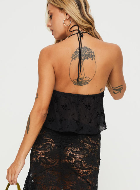 back view of model wearing Princess Polly Keyton Top Black Sleeveless Plunger 