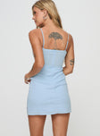 back view of model wearing Princess Polly Doris Mini Dress Blue Square Neck 