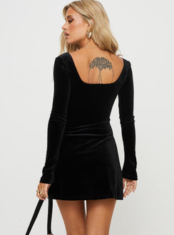 back view of model wearing Princess Polly Mahoney Long Sleeve Mini Dress Black Sweetheart Neckline 