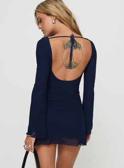 back view of model wearing Princess Polly Lukea Long Sleeve Mini Dress Navy Boat Neck 