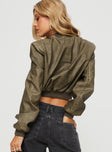 Faux leather cropped bomber Twin hip pockets with zip fastenings, ribbed hems, zip fastening at front  Non-stretch, fully lined