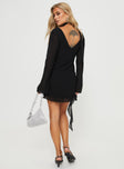 back view of model wearing Princess Polly Varney Long Sleeve Mini Dress Black Plunger 