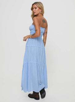 back view of model wearing Princess Polly Minogue Maxi Dress Blue Straight Neck 