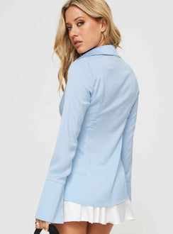 back view of model wearing Princess Polly Southgate Shirt Blue Full Sleeves V-Neck 