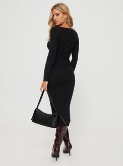 back view of model wearing Princess Polly Kaseem Long Sleeve Maxi Dress Black Sweetheart Neckline 