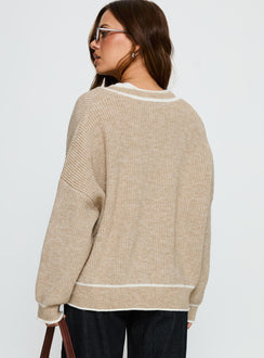 back view of model wearing Princess Polly Cressara Contrast Knit Cardigan Beige / White Cropped Jumpers 