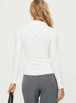 back view of model wearing Princess Polly Fairway Long Sleeve Shirt White Full Sleeves V-Neck 