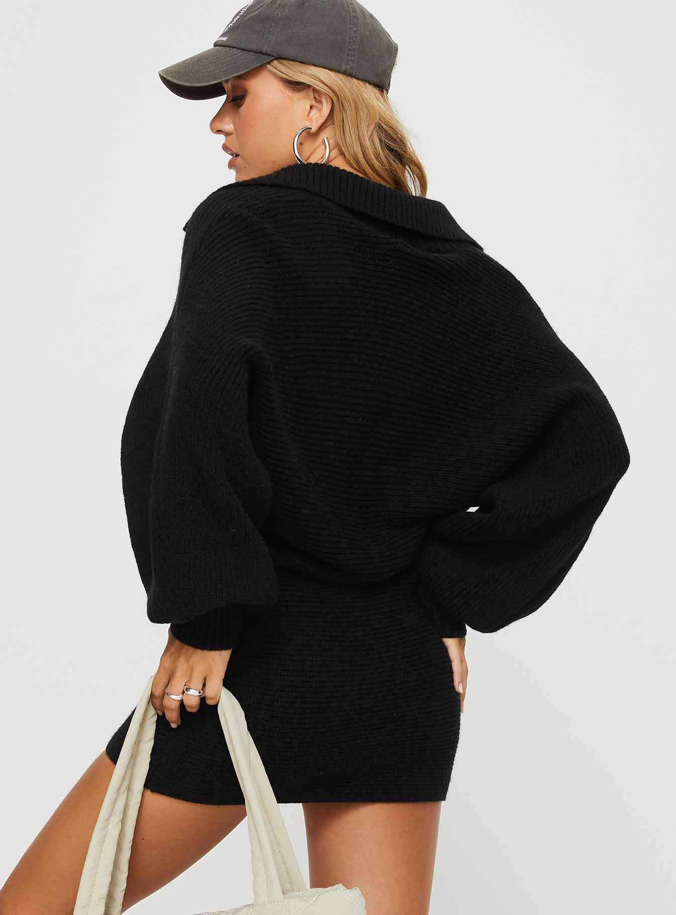 back view of model wearing Princess Polly Thorelle Sweater Mini Dress Black V-Neck 