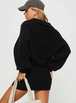 back view of model wearing Princess Polly Thorelle Sweater Mini Dress Black V-Neck 