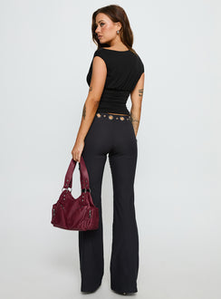 back view of model wearing Princess Polly True Grit Eyelet Flare Pants Grey Mid Rise Pants 
