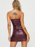 back view of model wearing Princess Polly Hailey Strapless Mini Dress Burgundy Straight Neck 