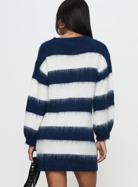 back view of model wearing Princess Polly Iryna Long Sleeve Knit Mini Dress Navy / White Stripe Crew Neck 
