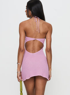 back view of model wearing Princess Polly Odeya Halter Mini Dress Pink Sweetheart Neckline 