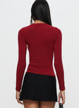 back view of model wearing Princess Polly Orlaith Cut Out Long Sleeve Top Burgundy Full Sleeves Crew Neck 