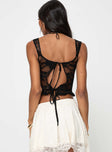 Sheer lace top Fixed shoulder straps,v-neckline, frill hem, twin tie at back